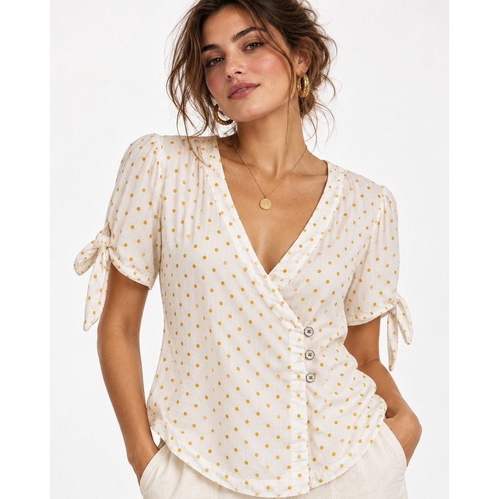 Maeve‎ Anthropologie Yellow Polka Dot Linen Blend Wrap Blouse White 0